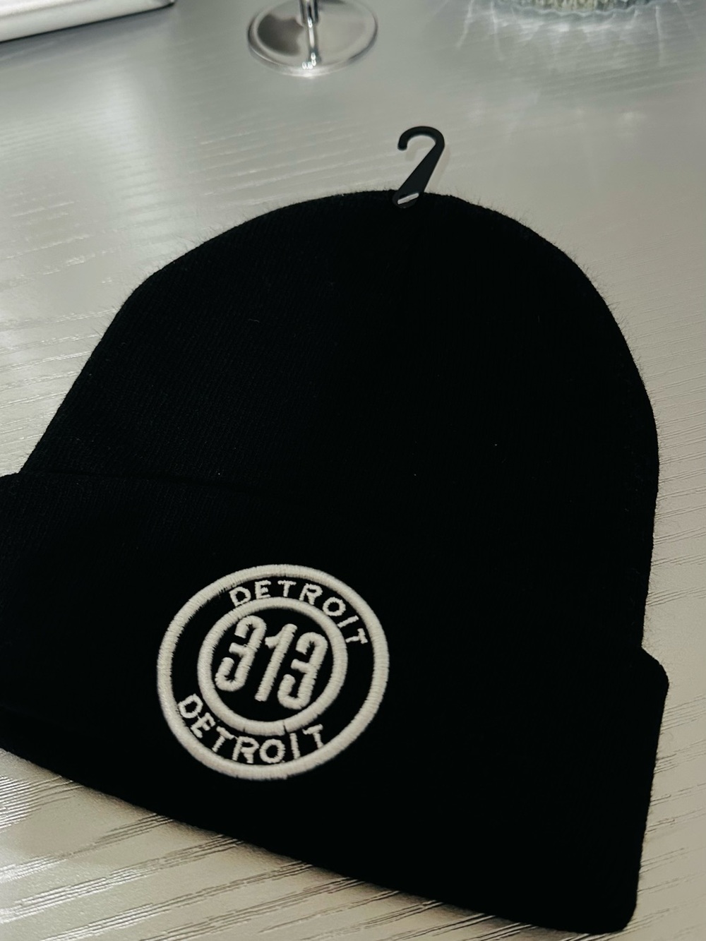 Detroit 313 Black Knit Beanie Hat with Embroidered Patch